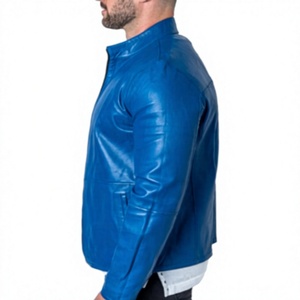 <b>LONG</b> MISSION INDUSTRY Men's Blue <b>Leather</b> <b>Jacket</b> Mandarin Collar Zipper Closure Casual Slim Fit Solid Color Regular Length Winter - Product Image 3