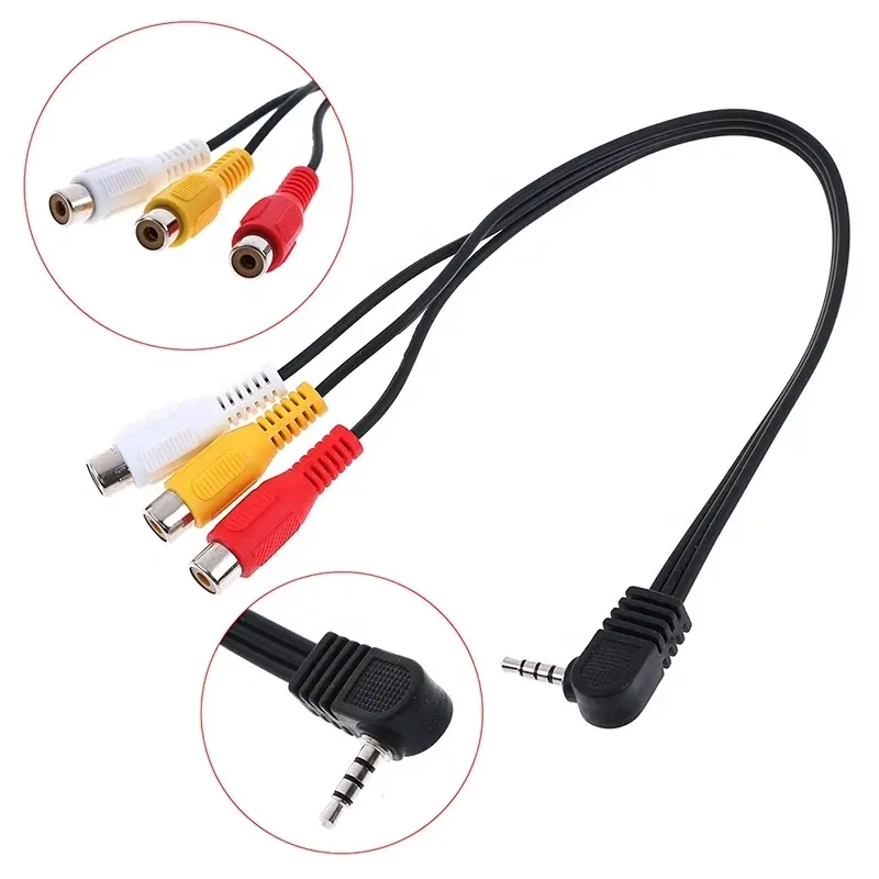 90 derece 3.5mm Jack 3 RCA kadın tak kablo dirsek 3.5 ila 3RCA ses adaptör kablosu