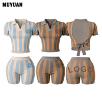 Ensemble 2 pièces short et haut de yoga rayé à dos ouvert pour femme avec logo personnalisé, en coton et élasthanne, coupe ajustée, respirant, idéal pour la maison