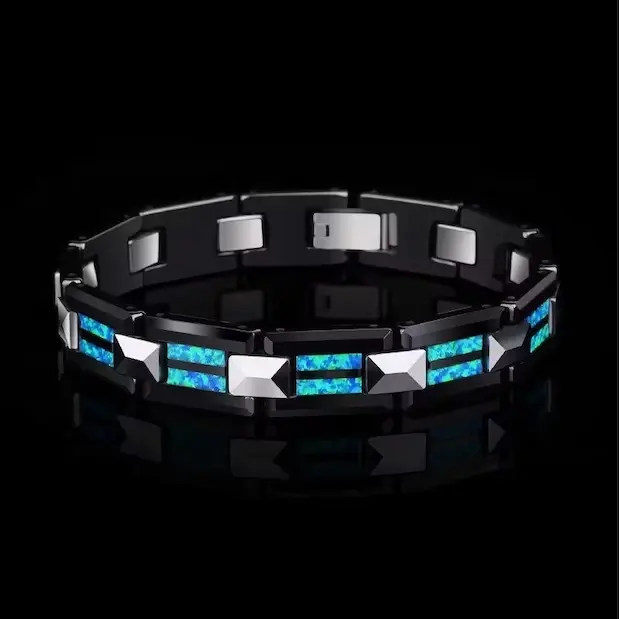 POYA Hot Sale 10mm Mens Black Ceramics Tungsten Blue Fire Opal Inlay Bracelet Luxury Gift For Man