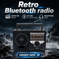 Lecteur CD portable rétro en plastique OEM personnalisé certifié CE avec Bluetooth, USB, TF, prise casque, batterie rechargeable intégrée, radio AM FM SW