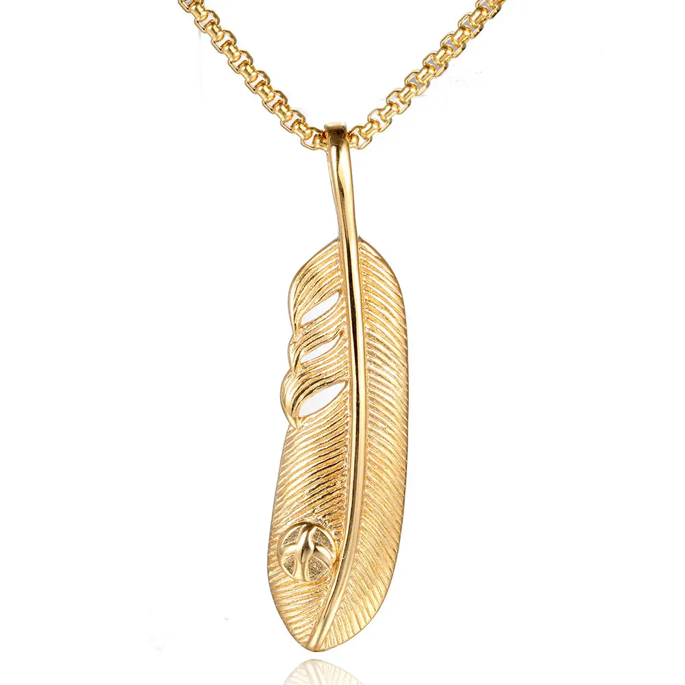 Hot Sale Male Stainless Steel Gold Silver Feather Pendant Stainless Steel Chain Necklace