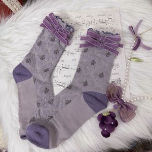 Lolita Style Mid-Calf <b>Socks</b> <b>Purple</b> Bow Design Breathable Women's <b>Socks</b> Youth Fashion - Product Image 2