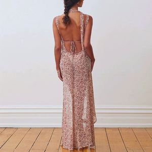 2024 conception été femmes vêtements Floral femmes <span class=keywords><strong>robe</strong></span> sangle sangle col en V à volants fente dames <span class=keywords><strong>robe</strong></span> Midi pour adolescentes - Product Image 4