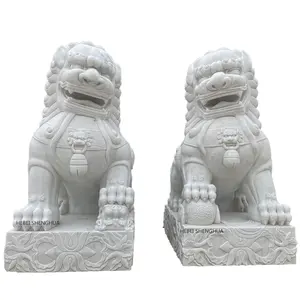 Entrance Decoration Natural White Marble Carved Foo Dog Lions Statue For Sale