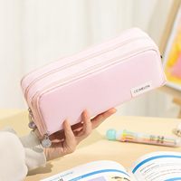 Trousse à crayons en tissu de grande capacité à 3 compartiments avec fermeture à glissière, pochette à stylos pour l'école, pour adolescentes, garçons, hommes, femmes (rose)
