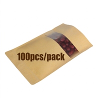 Sacs alimentaires en papier kraft mat grand format avec fermeture éclair et fenêtre, résistants à la chaleur et à l'humidité, qualité alimentaire, 100 pièces/paquet