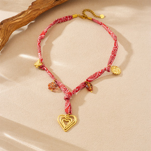 European American Floral Fabric Knot Necklace Gold Plated Heart Sunflower Pendant Clavicle Chain Party Jewelry - Product Image 2