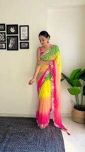 Sari Tradicional Indio de Georgette Sintética, Hermoso Diseño, Lavable, Calidad Premium, para Mujer, para Fiestas y Bodas - Product Image 3