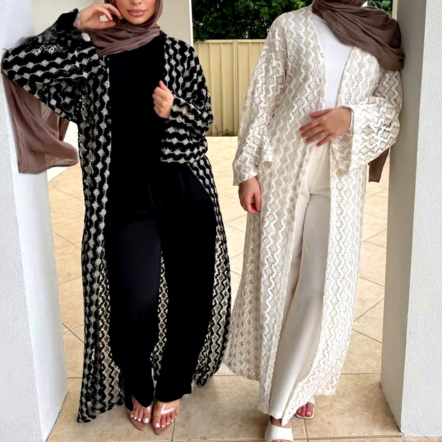 2026 New Airy Crochet Cardigan Elegant Islamic Clothing Women Open Abaya Dubai Modest Summer Autumn Wedding Dress