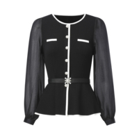 Blusa Elegante de Tweed para Mujer, Tejido de Malla Transparente, Manga Larga Abullonada, Cuello Redondo, Ribete Blanco en Contraste, Botones de Perla, Cintura Ajustada con Cinturón, Estilo Peplum
