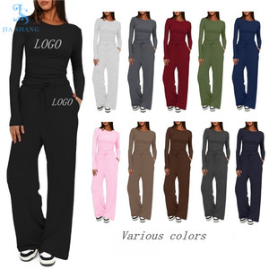 Женский Свободный Повседневный комплект из 2 предметов для отдыха, однотонный трикотажный спортивный костюм с широкими штанинами и длинным рукавом для осеннего сезона - Product Image 2