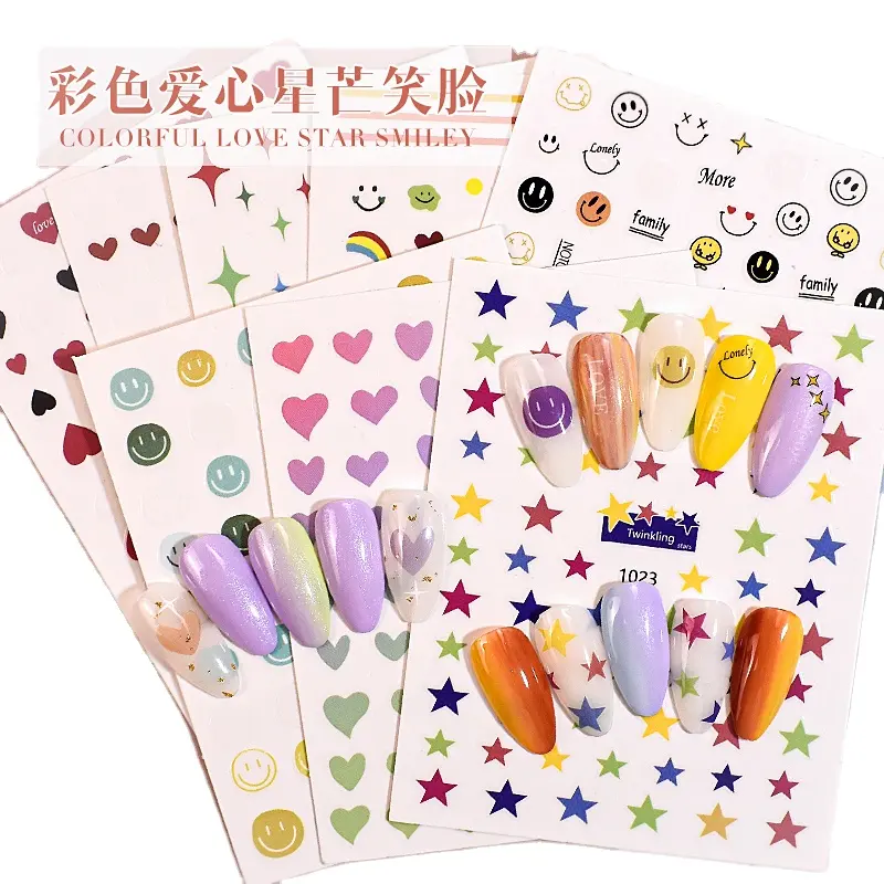Party Joy 3D Nail Gel Stickers Iridescent Rainbow Love Star Smile Face Nail Sticker Decals Nail Charms Luxury