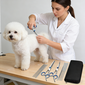 Professional <b>Dog</b> Grooming <b>Scissors</b> Set Stainless Steel Pet Grooming Shears Kit with Thinning Curved for <b>Dogs</b> Cats - Product Image 1