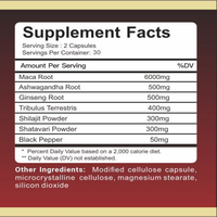 Capsules Maca 6000mg OEM 60 unités avec Ashwagandha Ginseng Tribulus Shilajit pour Vitalité et Énergie Homme