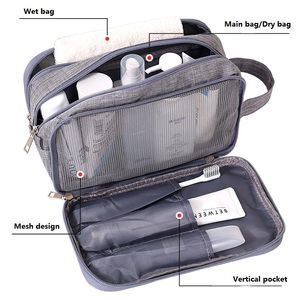 Dry Wet Separation Travel Toiletry Bag Dual Compartment Mesh Visible Pocket Vertical Slot Woven Handle Cationic Fabric Cosmetic - Product Image 3