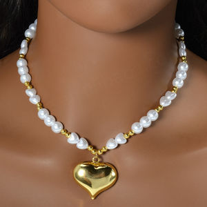 Collier personnalisé en or 14 carats plaqué or avec perle et cœur pour femme - Product Image 2