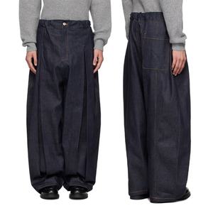 New Popular Men's Custom <b>Fold</b> Design Non-stretch Brown Stitching Indigo Raw Denim Baggy Jeans - Product Image 1