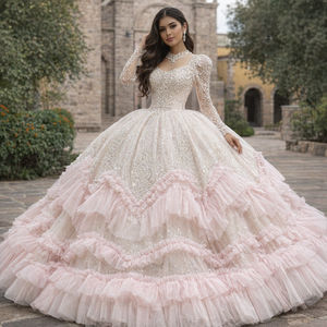 Vestidos de Quinceañera XS212 Princesa Rosa con Volantes y Manga Larga para Chicas Dulces de 16 Años - Product Image 1