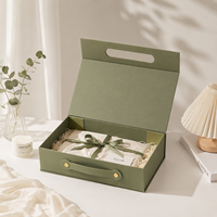 Boîte cadeau pliable de luxe vert sauge avec fermeture magnétique et poignée, personnalisable avec logo, style mallette rigide