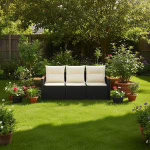 Ensemble de canapés de jardin en rotin blanc crème et noir, 3 places, mobilier d'extérieur, design contemporain, accoudoirs en teck - Product Image 2