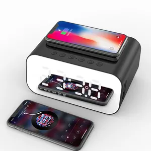 Jam Alarm Bluetooth nirkabel Speaker mendukung 15W pengisian daya nirkabel Port USB kartu TF Radio FM tampilan waktu jam ganda