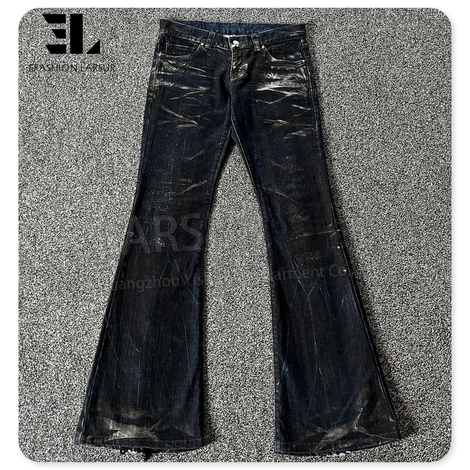 wax coating black baggy flare jeans