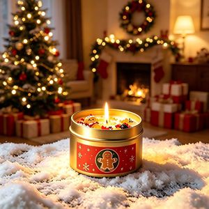 Bougie parfumée de Noël en cire de soja écologique avec logo personnalisé, dans une boîte en métal doré avec des fleurs séchées et des accents ambrés, ensemble cadeau de décoration de Noël - Product Image 4