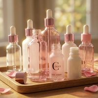 Flacons cosmétiques vides en verre cylindrique rose doré de 30 ml et rose translucide de 50 ml avec impression sérigraphique