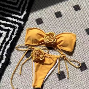 <span class=keywords><strong>Bikini</strong></span> de dos piezas con estampado floral en amarillo jengibre para vacaciones en la isla, traje de baño de tres piezas adelgazante para aguas termales para mujer - Product Image 6