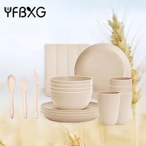 Lightweight Wheat Straw Dinnerware Sets Unbreakable Plates Cutlery Sets Wheat Straw Tableware Set