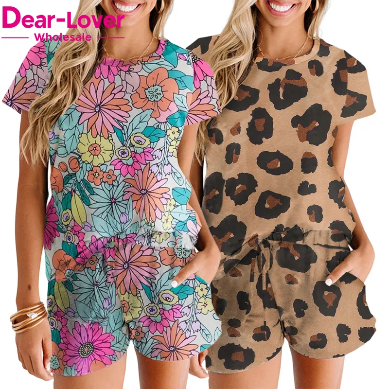Dear-Lover 2023 Wholesale Custom Ladies Summer Camo Leopard Print Sleepwear Women Christmas Pajamas Loungewear Women Sets