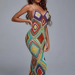 BEISHI Facebook Trending High End Sleeveless Sling Hand Made Maxi Dress Crochet Spaghetti Strap Bodycon Dress Sexy