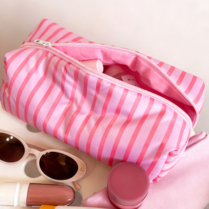 Sac de maquillage rayé rose personnalisé en gros, fermeture éclair, écologique, portable, pour filles - Product Image 2