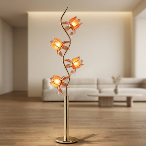 Lámpara de pie con forma de flor de loto de 4 cabezas, poste de metal dorado curvado en forma de S, pantalla de pétalos de vidrio translúcido rosa-naranja, decorativa. - Product Image 2