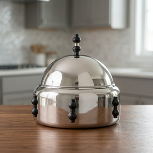 Casserole ronde en acier inoxydable avec couvercle en dôme et boutons noirs, design minimaliste, alimentation isolée - Product Image 2