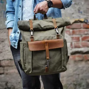 Hot sales Heavy-Duty Canvas Backpack Grey Vintage Distressed Leather Rucksack, 15 inch Laptop Backpacks for a Man or Woman