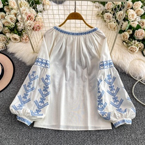 Camisa de Manga Larga con Cuello Redondo y Cordones Bordados de Estilo Bohemio Retro <span class=keywords><strong>para</strong></span> <span class=keywords><strong>Mujer</strong></span>, Top Versátil Informal y Elegante <span class=keywords><strong>para</strong></span> Otoño - Product Image 4