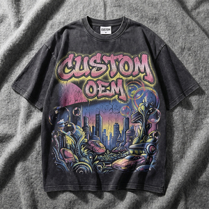 Camiseta DGT Vintage OEM Personalizada de Algodón 100% de 230 GSM con Pedrería, Lavado Ácido, Estampado Digital, Hombros Caídos Oversize y Corte Cuadrado - Product Image 1