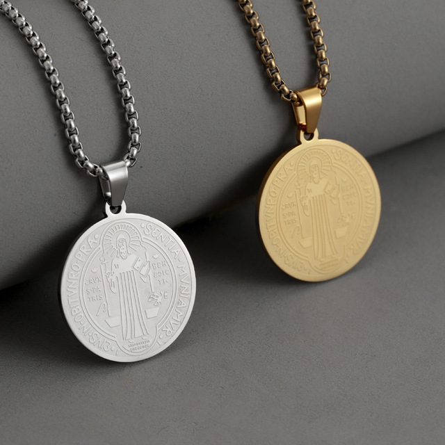 Vintage Trendy Stainless Steel Cross Disc Pendant Necklace Buddhism Style Priest Necklace for Sons with Butterfly Shape