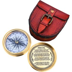 Boussole en laiton avec étui en cuir, cadran analogique, portable, de poche, pour la navigation marine et la randonnée, guide de navigation pour le poème de Robert Frost - Product Image 1