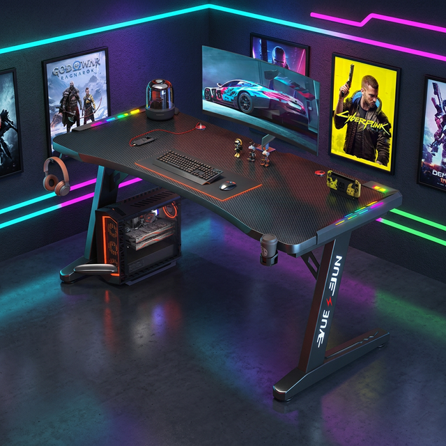 Electric Lift Height Adjustable Z-shaped Gaming Desk with Cup Holder Surface Carbon Fiber RGB LED Eco-Friendly Assembly Required