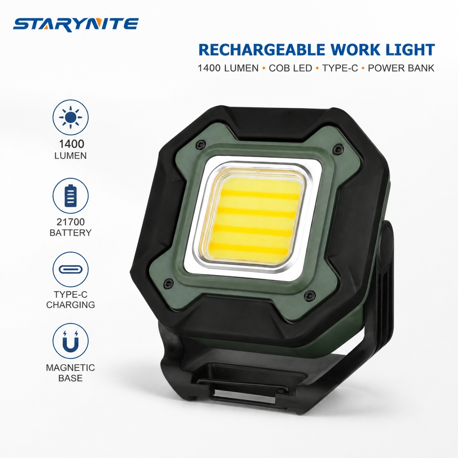 STARYNITE CRI 90 1400LM Rechargeable Work Light 6000mAh 21700 Battery Magnetic LED Mechanic Lamp 3 Color Modes Power Bank
