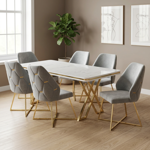 Ensemble de salle à manger moderne convertible en velours, 6 pièces, table avec plateau en marbre et chaises à dossier plein avec cadre doré, pour appartement - Product Image 4