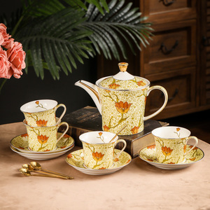 Golden Autumn Yellow Tulip 15 Pcs Coffee <b>Set</b> Ceramic Cups Saucer Elegant Teapot Sugar <b>Pot</b> Creamer Porcelain Afternoon Tea <b>Set</b> - Product Image 2
