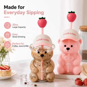 2026 Hot Sale Cute Strawberry <strong>Straw</strong> Cartoon Teddy Bear <strong>Cup</strong> <strong>with</strong> <strong>Lid</strong> High Borosilicate Glass Transparent Coffee <strong>Cups</strong> - Product Image 4