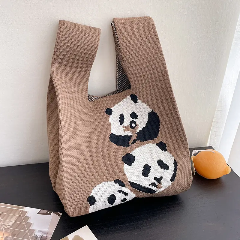 تصميم العلامة التجارية حقيبة تسوق صغيرة من الصوف الكروشيه حقائب يد للنساء اليابان كوريا لطيف نمط الباندا حقيبة يد