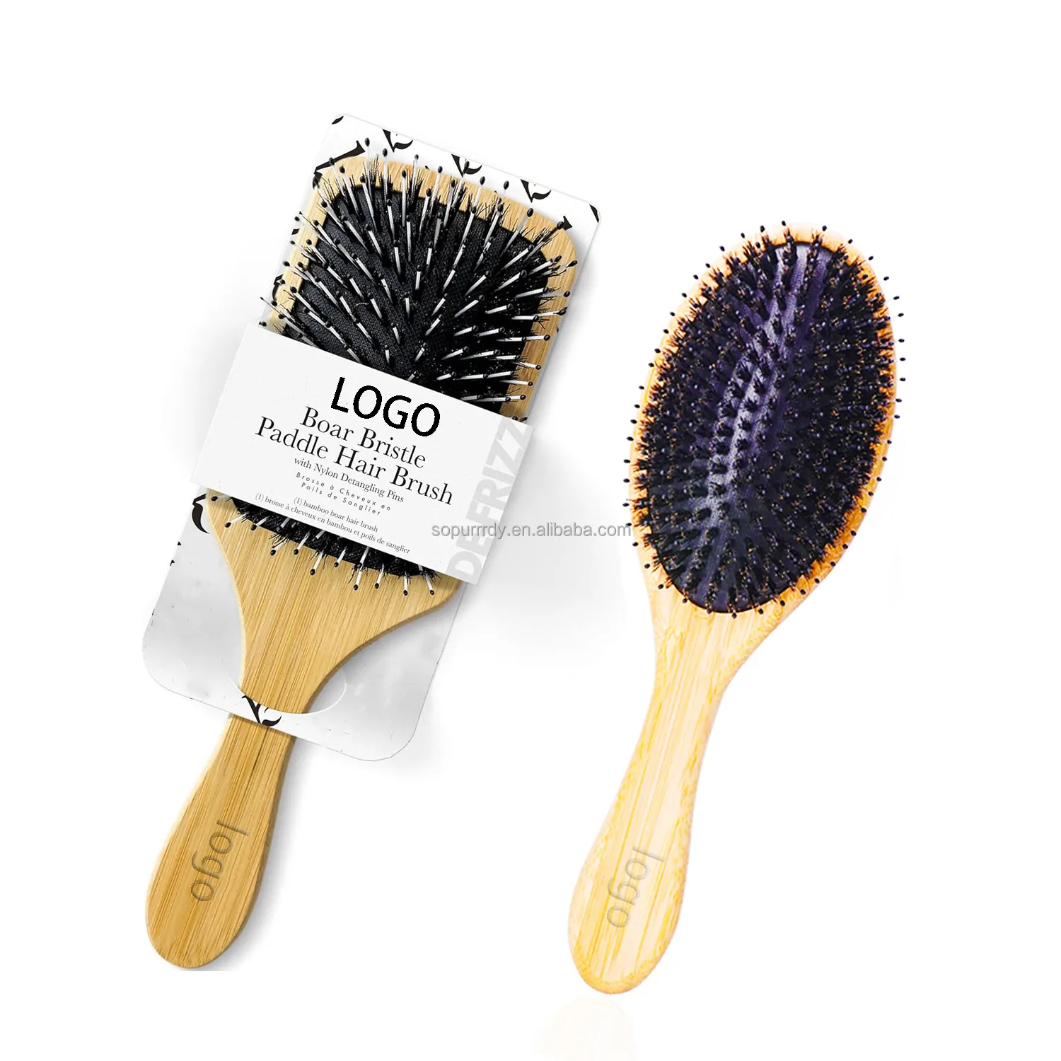 Brosse à poils de sanglier en bambou avec logo laser personnalisé Brosse à poils fins pour cheveux épais Brosse à poils fins pour femmes pour hommes