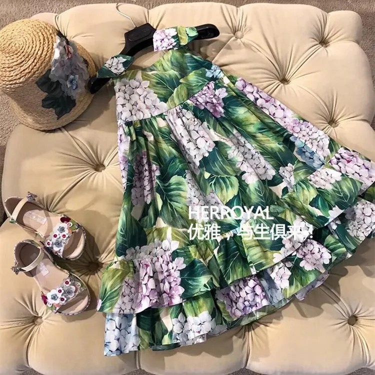 Moda kız parti elbise çocuk elbiseleri tasarım çocuklar yaz günlük elbiseler çocuklar etekler bebek kız yeşil çiçekli elbiseler