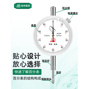 เกจวัดกลไก Gl Guilin Dial Indicator 0-5 มม. ความแม่นยำ 0.01 มม. ทำจากสแตนเลส เครื่องมือวัดความแม่นยำสูง - Product Image 2